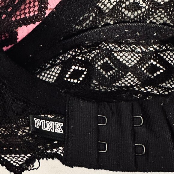 Victorias Secret PINK Racerback Underwire Bra Black Lace Lightly Padded Size Med - Picture 7 of 8
